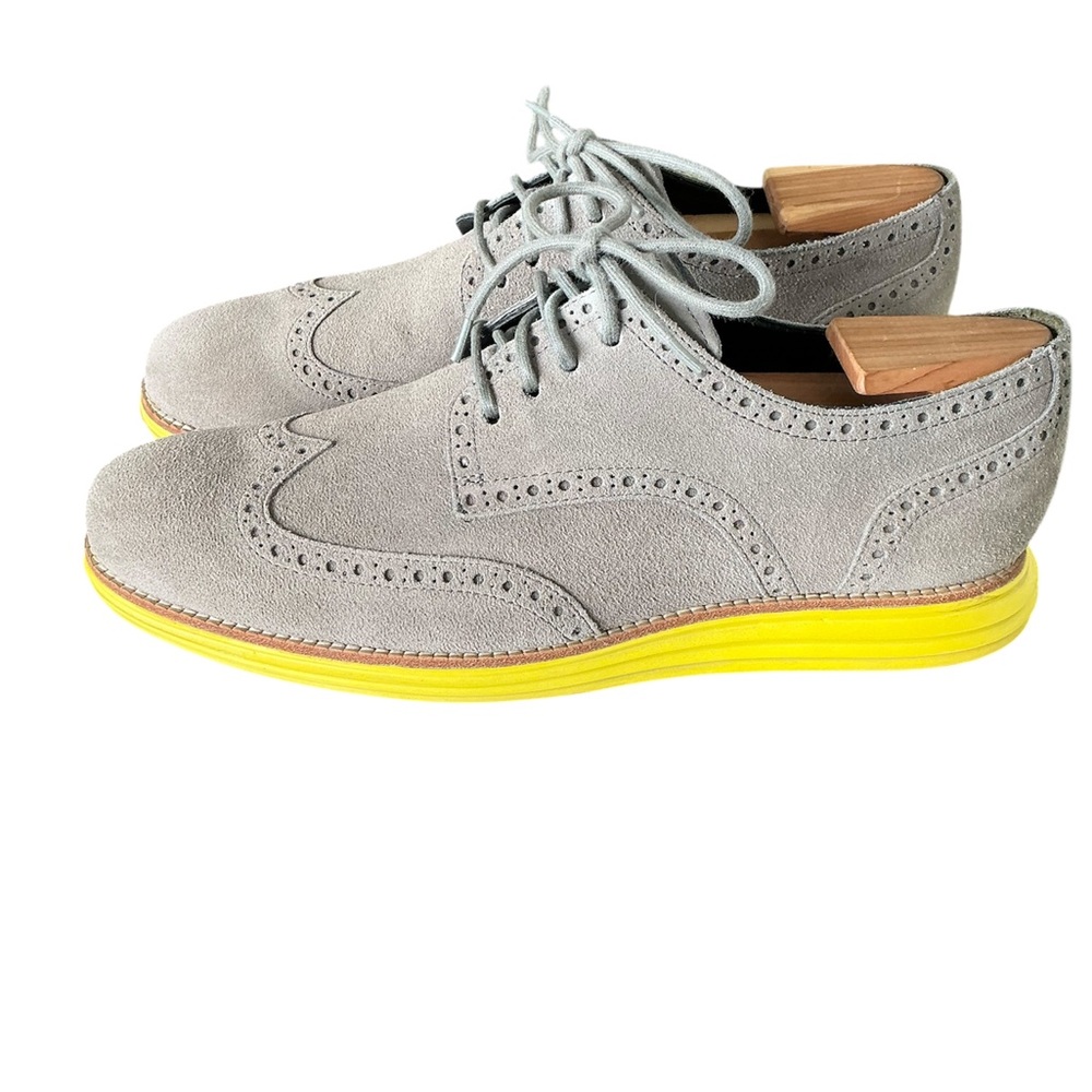 Cole Haan Light Gray Suede Oxfords with Vibrant Yellow Sole